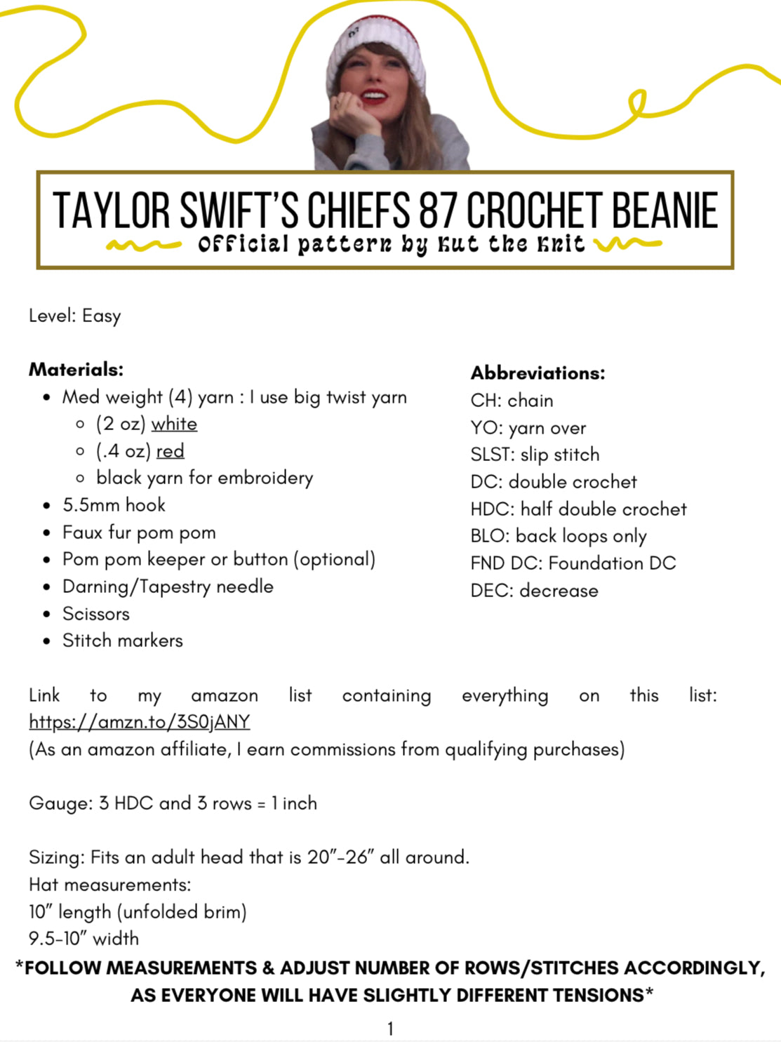 Taylor's 87 Crochet Beanie Official Pattern - Digital Download - PDF file only