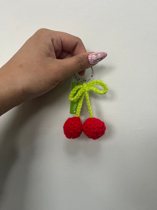 Crochet Bow Cherries bag charm (Made to Order)