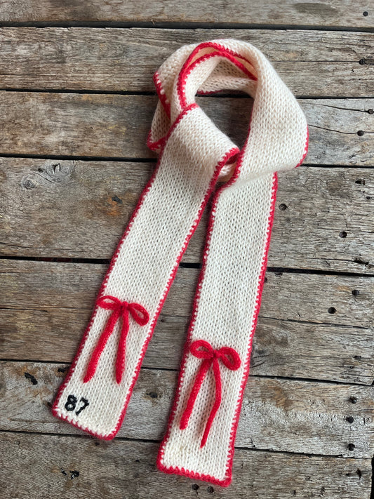 Knitted Bow Scarf - Cream/Red