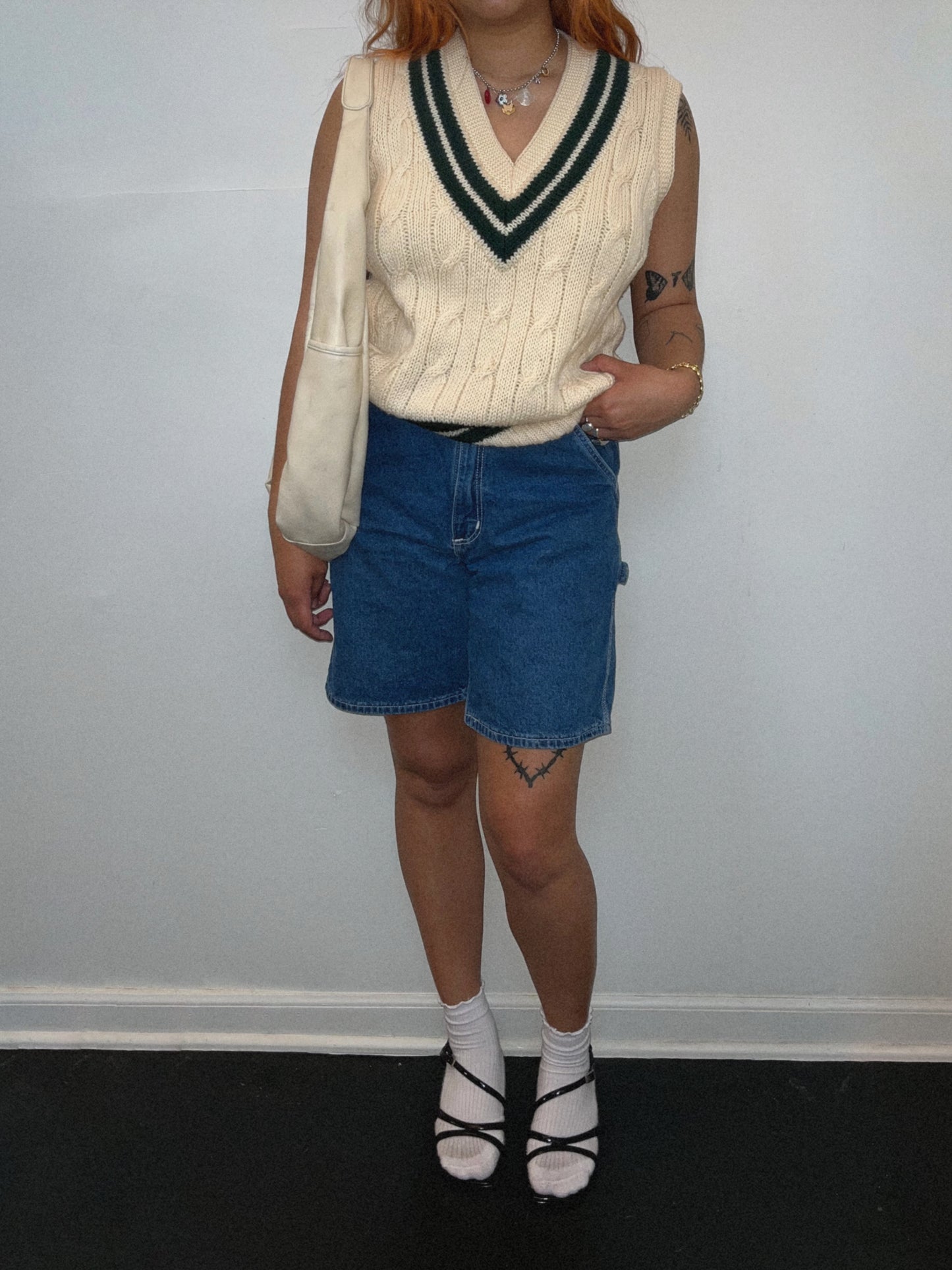 VINTAGE | So High School Sweater Vest - Parchment Beige/Turf green